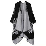 Huibaolu Retro White Print Poncho Cardigan Faux Cashmere Women Shawl Scarf Jackets Tie-dye Black Blanket Cape Pashmina Claok Coats