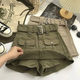 Huibaolu American Retro Cargo Skirt Woman High Street Big Pocket Y2K Mini Skirts Korean High Waist Anti-Glare Short Skirt for Women