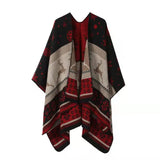 Huibaolu Retro White Print Poncho Cardigan Faux Cashmere Women Shawl Scarf Jackets Tie-dye Black Blanket Cape Pashmina Claok Coats