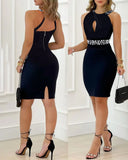 Huibaolu Sexy Women Black Rhinestone Decor Sleeveless Party Dress Elegant Halter Bodycon Mini Skinny Dresses