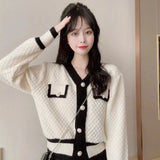 Huibaolu Harajuku Contrast Y2K Knit Cardigan Women Korean Chic V-Neck Short Sweater Coat Ladies Casual Wild Long Sleeve Cardigans