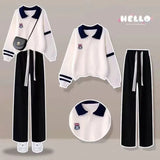 Huibaolu Spring New Polo Shirt Sweater + Casual Sports Wide-leg Pants Two-piece Woman Tracksuit Set Korean Elegant Loose Sportswear