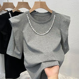 Huibaolu Korea Dongmen Spring/Summer New Solid Round Neck Design Pearl Chain Casual Short Sleeve T-shirt