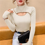 Huibaolu Neck Beaded Diamond Sweater Undershirt Women's Autumn and Winter New Cutout Design Sense Niche Top