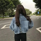 Huibaolu Cropped Denim Jacket Women Korean Fashion Back Split Buttons Up Bomber Jacket Female Lapel Long Sleeve Jeans Coats 2024