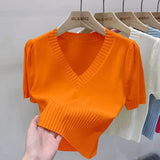 Huibaolu Collarbone V-neck Short Sleeve Knit Sweater Women's Niche Design Sense Top Short Spring 2024 New Base Shirt Women