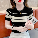 Huibaolu Summer New Round Neck T-shirt Short Sleeve Women's Thin Striped Knit Sweater Thin and Pure Desire Half Sleeves Top