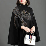 Huibaolu Women Shawl Batwing Sleeve Poncho Sweater Winter Knitted Cashmere Cloak Eagle Pattern Handmade Bead Sequin Embroidered Cape Coat