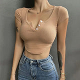 Huibaolu High Street Y2K Cropped T-Shirt Women Sexy Skinny V-Neck Basic Crop Tops Female Summer Slim Fit White Short Sleeve Tees