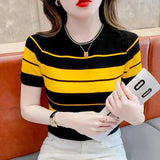 Huibaolu Summer New Round Neck T-shirt Short Sleeve Women's Thin Striped Knit Sweater Thin and Pure Desire Half Sleeves Top