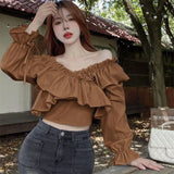 Huibaolu Korean Fashion Ruffles Chiffon Blouse Women 2024 Spring Patchwork V-Neck Shirts Female All-Match Long Sleeve Crop Tops