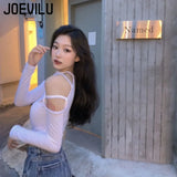 Huibaolu Holllow Out Crop Tops Off Shoulder Sexy Long Sleeve T-shirt Women's Korean Harajuku High Waisted Skinny Bottoming Shirts