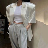 Huibaolu Style New Arrival Satin Suit Jacket for Women Vintage Pad Shoulder Short Sleeve Office Lady Coat Fashion Female Blazers