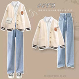 Huibaolu Women's Autumn Winter Loose Sweater Coat+Shirt+Jeans Three Piece 2024 New Matching Set Korean Elegant Cardigan Denim Pants Suit