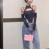 Huibaolu Y2K Sexy Backless Bodysuits Top Women Summer Off Shoulder Hollow Out Irregular Jumpsuit Female New Fashion Solid Camisole