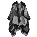 Huibaolu Retro White Print Poncho Cardigan Faux Cashmere Women Shawl Scarf Jackets Tie-dye Black Blanket Cape Pashmina Claok Coats