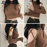 Huibaolu Out Off Shoulder Crop Tops Babes Sexy Turtleneck Long Sleeve T-shirt Skinny Bottoming Shirt Slim Short Tee Women Y2k Top