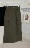 Huibaolu Maxi Denim Skirts New Design Autumn Women Fashion European Style Army Green Hight Waist Shirring Vintage Skirt