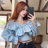 Huibaolu Korean Fashion Ruffles Chiffon Blouse Women 2024 Spring Patchwork V-Neck Shirts Female All-Match Long Sleeve Crop Tops