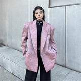 Huibaolu Women Faux Leather Jacket Loose Blazer Spring Autumn Pink Crocodile Print PU Leather Coat Female Chic Fashion Chain Outwear Tops