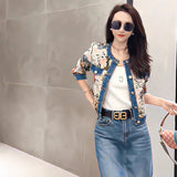 Huibaolu Fashion Roses Print Short Denim Coat Female Temperament O Neck Single Breasted Women Vintage Casual Jean Jacket Chaquetas