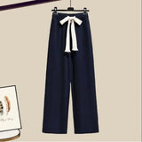 Huibaolu Women's Fashion Set 2024 Spring Autumn New Splicing Shirt+Elastic Waist Wide Leg Pants Two Piece Korean Chic Blouse Trouser Suit