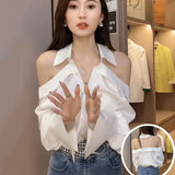 Huibaolu Elegant Ladies Tops Shoulderless Solid Color Shirts Hollow Long Sleeves Summer Loose Blouses Women White Blusas Mujer