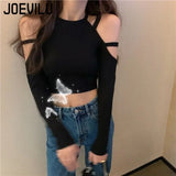 Huibaolu Holllow Out Crop Tops Off Shoulder Sexy Long Sleeve T-shirt Women's Korean Harajuku High Waisted Skinny Bottoming Shirts