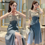 Huibaolu Women's Cotton Square Neck Denim Stitching Long Dress 2024 Summer New Slim Bow Skirt Female Clothing Korean Elegant Dresses