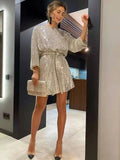 Huibaolu Sequins High Waist Mini Dress Women Fashion Round Neck Long Sleeves Loose Dresses 2023 Festival Party Elegant Vestidos