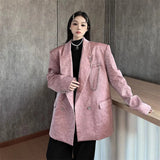 Huibaolu Women Faux Leather Jacket Loose Blazer Spring Autumn Pink Crocodile Print PU Leather Coat Female Chic Fashion Chain Outwear Tops