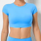 Huibaolu Backless Sporty T-shirt Women Sportswear Short Sleeve Crop Top for Fitness Yoga Wear Workout Clothes Female Gym Shirt Black