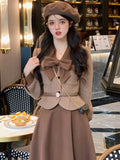 Huibaolu French Style Multicolor Women Suits 2024 Eleagnt Bow Short Coat High Waist A-line Mid Skirt Fashion Vintage 2 Pieces Set