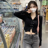 Huibaolu Bandage T-shirt Polo Neck Irregular CropTop Babes Korean Slim Long Sleeve Tee Vintage Gothic Y2k Clothes Skinny Shirt