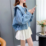 Huibaolu Style Sweet Ruffles Women's Short Denim Jacket Ladies Peter Pan Collar Retro Jean Coat For Women Long Sleeve Outwear Tops