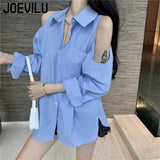 Huibaolu Off Shoulder Shirt Women's Loose Fitting Mid Length Niche Design Tops Summer French Style Thin Top Korean Casual Blouses