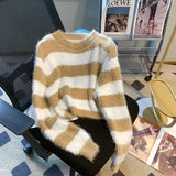 Huibaolu Black and White Striped Mink Fleece Sweater Women's Autumn Winter Loose Long-sleeved Knit Sweater Small Top