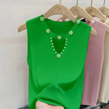 Huibaolu Knitted Suspender Vest Women Wear Summer 2024 New Beaded Design Sleeveless Slim Women Top