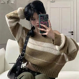 Huibaolu Y2K Street Sweaters Women Korean Style Striped Cropped Sweater Female Autumn Long Sleeve O-Neck Knitted Pullovers Tops