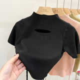 Huibaolu Hollow Sweet Slim Short Sleeve Female Summer 2024 New Semi-high Collar Bottoming Shirt Niche Short Top Female