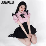 Huibaolu Strap Skirt Set Lovely Fly Sleeved Shirt with Bow Tie Bandage Black Mini Skirts 2 Piece Sets Babes Kawaii Y2k Outifits