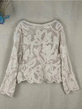 Huibaolu Women Fashion White Lace Hollow Out Shirts Vintage Elegant Single Breasted Long Sleeve Blouse New Female Commuting Streetwear