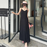 Huibaolu Women Spaghetti Strap Long Dresses Casual Loose Summer V-Neck Beach Dress Female Solid Basic Sleeveless Maxi Dress Woman