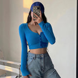 Huibaolu White Long Sleeve Crop Top Women Y2K Sexy Skinny Night Club Short T-Shirt Female 2024 Summer Thin Button Knitted Blouse