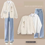 Huibaolu Women's Autumn Winter Loose Sweater Coat+Shirt+Jeans Three Piece 2024 New Matching Set Korean Elegant Cardigan Denim Pants Suit