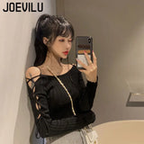 Huibaolu Long Sleeve Knitted Shirt Women's Off Shoulder Sexy Tops Slim Chic T-shirt Spring and Autumn Pullover Solid Y2k Sweater