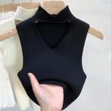 Huibaolu Out V-neck Sweater Half High Neck Knitting Small Camisole Women's Inner Vest Sleeveless Short Top