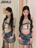 Huibaolu Off Shoulder Knit Tops Women's Sexy Collarbone Short Sleeved Shirts Summer Korean Skinny Crop Tee Y2k Aesthetic Clothes