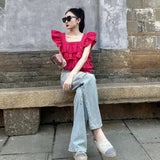 Huibaolu Mujer De Moda Elegant Women's Pink Ruffles Sleeveless Square Neck Shirt Summer Sexy Blouses Korean Elegant Runway Tops