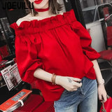 Huibaolu Shoulder Shirt Ruffled Elastic Sexy Blouse Female Summer Short Sleeve Top Korean Student Women's Blouses Retro Red Crop Tops